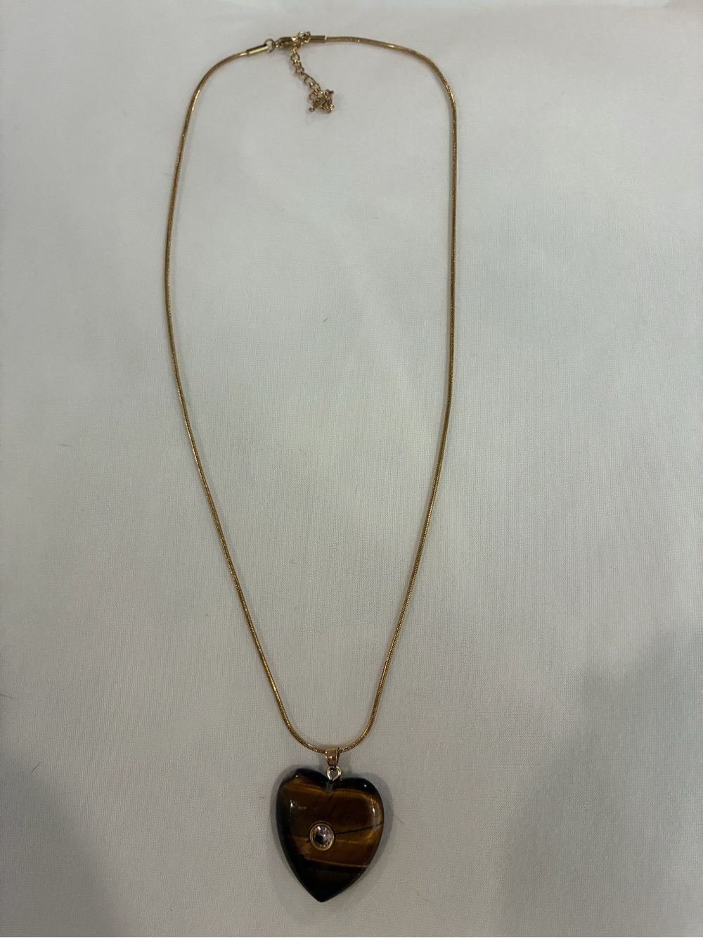 Gold-Tone Heart Pendant Necklace with Brown Tiger Eye Accent